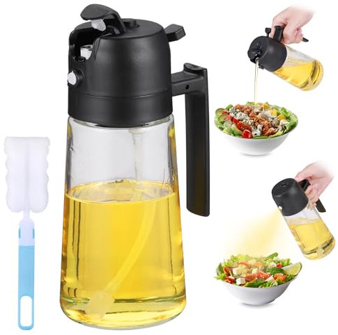 Fentar Öl Sprühflasche, 2 in 1 Ölsprüher mit Rutschfestem Griff, 470ml Ölflasche Olivenöl Spray, Verdicktes Glas Ölspender, Vielseitig Öl Sprühflasche zum Kochen Heißluftfritteuse Backen Sala Machen