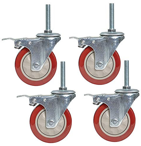 Gummierte Trolley-Räder Lenkrollen, Hochleistungs-PVC-Schwenkrollen, Trolleynitureer Ersatz-Werkbankräder, Gewindeschaft M12 x 60 mm, Doppellager, mit Mutter, 4 Stück/Bremse/100 mm/4 Zoll ( Color : Br