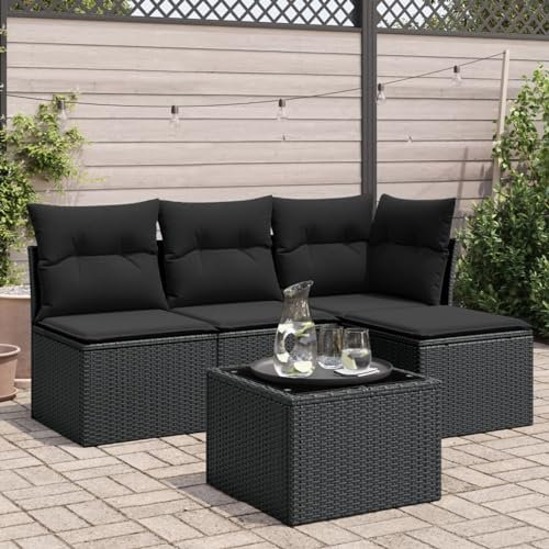 Homgoday Gartensofa-Set 5-teilig mit Kissen aus schwarzem Polyrattan, für den Außenbereich, Gartenmöbel-Set, Loungeset für den Garten, Outdoor-Sofas Type3217505