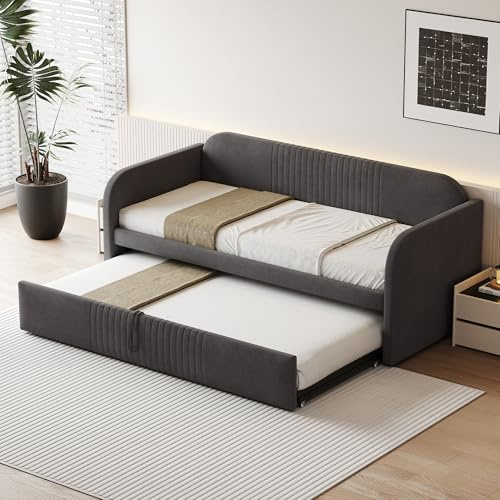 Sapgaks - Sofá Cama de 90 x 190 Convertible Con Nido de 180 x 190, Somier de Láminas, Marco Tapizado a Rayas Verticales, Gris (Sin Colchón)