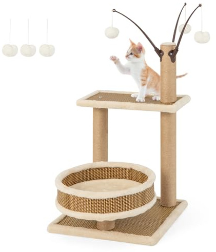 GOPLUS Árbol para Gatos de 79 cm, con Alfombra de ratán, Bola Colgante, rascador de sisal, Mueble de Escalada de Peluche, casa de Juego y Centro de Actividad, 40 x 40 x 79cm