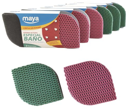 Maya - Pack de 12 Estropajos de Baño para Limpieza de Sanitarios, Grifos y Azulejos sin Dejar Rayas | 12x8,5x2,5 cm | Esponjas Lavables en Lavavajillas y Lavadora (EVO, Rosa/Verde)