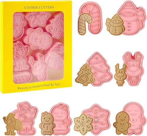 Christmas Cookie Cutter, 8 Pcs Christmas Biscuit Cutters, 3D Pressable Christmas Cookie Stamp-Gingerbread Man, Reindeer, Snowman, Cane, Snowflake, Christmas Tree, Santa for Cookie Baking