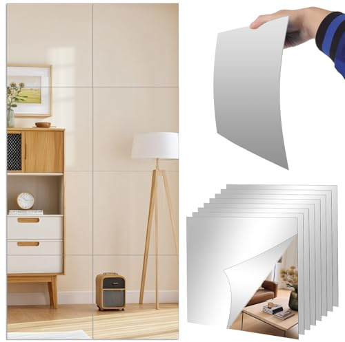 LOPYXBR 8PCS Stick On Mirror Tiles 30 x 30 cm, Acrylic Self Adhesive Mirror Sheets for Full Length Mirror, Flexible Mirror Stickers for Wall, Wardrobe Door, Bathroom, Bedroom, Gym