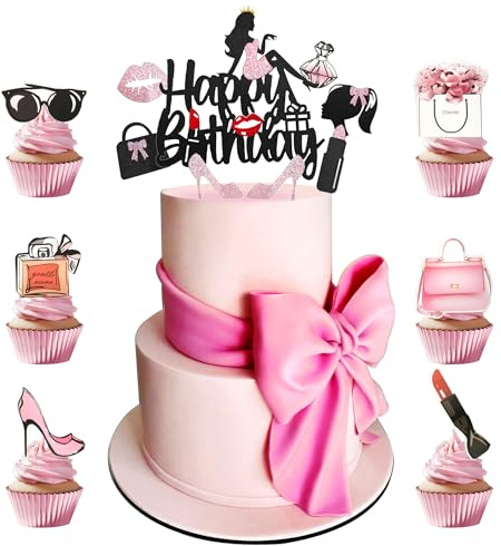Regendeko Happy Birthday Rosa Lady Mädchen Lippenstift Tortendeko (2) | Schminke Kuchendekoration Cupcake Toppers Geburtstagskuchen Deko