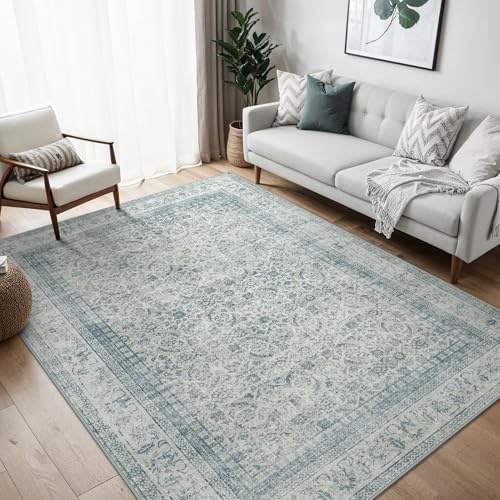 BEIMO Tapis de Salon 160x230CM Oriental - Vintage à Poils Courts Tapis de Chambre Antidérapant Bleu Clair