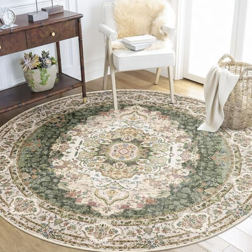 Castage Grüner runder Teppich, 152 cm, rund, Boho-Teppich für Schlafzimmer, Wohnzimmer, waschbar, Vintage, Bohemian-Stil, orientalischer Teppich, rutschfest, Salbei-Blumenmuster | Waschbarer Vintage-Teppich im Bohemian-Stil, orientalisch, rutschfest, Salbei-Blumenmuster