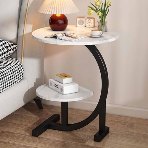 RUYICZB C-Förmiger Beistelltisch, Runder Beistelltisch Mit 2 Ebenen, Couchtisch Für Kleine Räume, Moderner Akzent-Nachttisch, Couch-TV-Tabletttisch Für Wohnzimmer, Schlafzimmer,Weiß