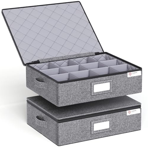 YearningHome Cup and Mug Storage Box with Hard Shell and Dividers for Coffee Mugs,Tea Cups and Glasses,Stackable Storage Organizers with Lid,Handles,Zips and Lable for Moving,Holds 12,2 Pack, Grey