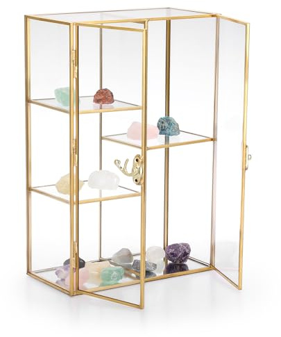 Messing-Glasvitrine mit Schloss, Tisch-Aufbewahrungshalter für Figuren, Edelsteine, Achate, Felsen, dekorative Turmbox mit Doppeltüren, 5 Steckplätze