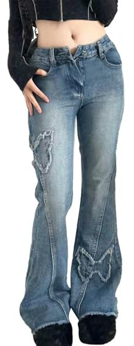 DINGJIUYAN Flared Jeans for Women Low Rise Slim Fit Jeans Y2k Butterfly Patchwork Ripped Hem Denim Pants