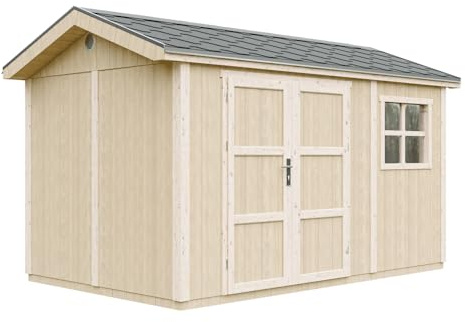 Casetta da giardino di qualità premium 8,68 m² - H252x250x412 cm - Costruzione in pannelli LP Smartside - Con pavimento e Tegole Bituminose - Timbela M914A