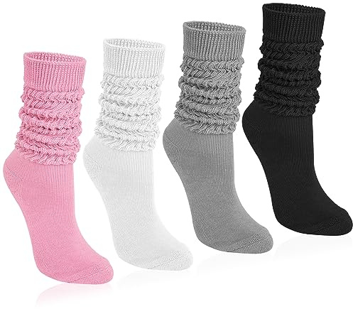 Tialfas Kniestrümpfe Damen Baumwolle Slouch Socken Stiefelsocken 4 Paar | Weiche Strick Socken Damen Strümpfe kniestrümpfe Extra lange Beinwärmer Scrunch Geschenk für Herbst Winter EU 35-42