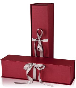 10x Wein Geschenkschatulle für 1 Flasche, hochwertige Leinenstruktur mit Schleife, in 2 Farben (Rot)