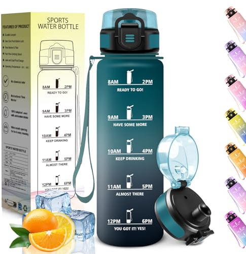 HoneyHolly Trinkflasche 1L, Zeitmarkierung, Wasserflasche, Auslaufsicher, Trinkflasche Kohlensäure Geeignet, Wiederverwendbar, Water Bottle für Fitnessstudio, Radfahren, Büro, Outdoor, Sportflasche