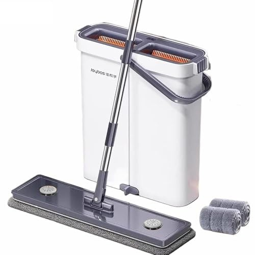 FLKWOP Großes Wischmopp und Eimer Set für Zuhause Flachwischer mit Auswringer und mit langem Stiel, Wandsystem Eimer Rotation Flat Mop 360 u