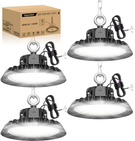 4 Pack 100W Lámpara de Alta Bahía UFO 17000LM Campana led Industrial Regulación 60W/80W/100W IP65 Antipolvo e Impermeable Foco LED 120° Driver Industrial Para Fábricas,Talleres,Garajes,Almacenes