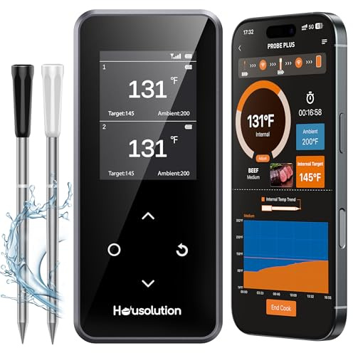 Housolution Fleischthermometer Kabellos, Smarte APP & Basis, Grillthermometer Bratenthermometer Bluetooth, Fleisch Thermometer Kerntemperaturmesser Drahtlos für Backofen Grill Rotisserie, Schwarz