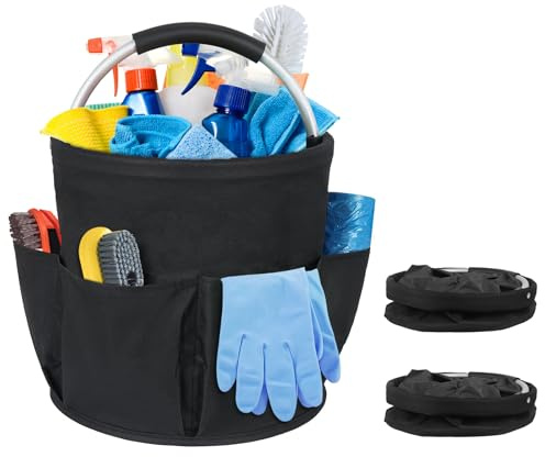 SYCEES 2 Pcs Foldable Cleaning Caddy with Handle 17L | 6 External Multipockets, Large Cleaning Supplies Organizer, Multifunctional for Home, Kitchen, Cleaning Container, Black