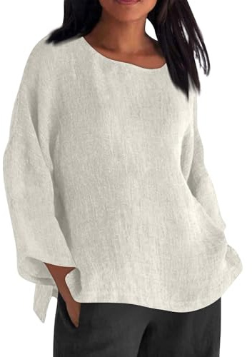 Top estivo da donna in lino, elegante, tinta unita, basic, T-shirt a maniche 3/4, top casual, tunica, blusa, taglie grandi, facile da indossare, leggero e arioso, beige., L