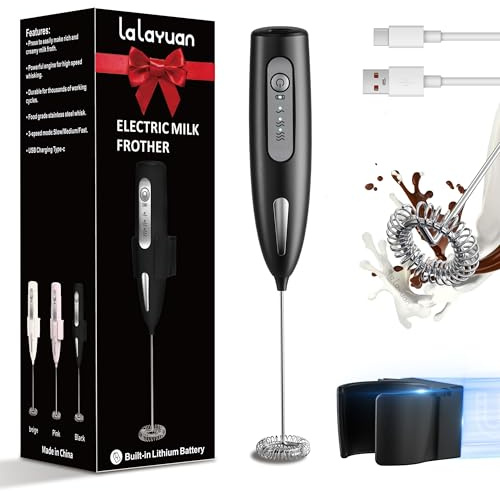 Electric Milk Frother, Three speed adjustment, USB Rechargeable Cordless Hand Blender with Sticky Stand Included, 304 stainless steel Egg Beater, Mixed Drinks, Coffee Stirrers (Black)