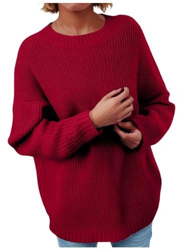 Pull Femme Hiver Chaud Chic et Elegant Pulls en Large Grosse Maille Ajourée Tricotée Couleur Unie Manches Chauve-Souris Longues Décontractée et Ample Pull-Over Col Rond Elástique Pulls Léger