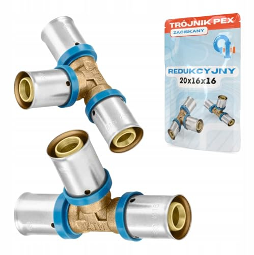 Rimex Pressfitting PEX T-Stück Reduzierstück Pressfitting, Trinkwasser & Heizung, U-Kontur, Messing, Edelstahlhülse, 1 Stück (20x16x16mm)