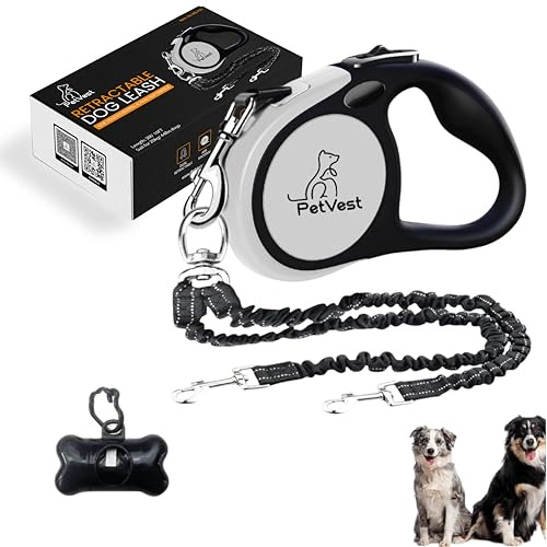 PetVest Dual Retractable Dog Leash,10 FT Tangle-Free Leash for 2 Dogs, Detachable for Single Use,One-Button Brake & Lock, Up to 44 lbs Each, 360° Swivel, Non-Slip Handle + Poop Bag Holder (Grey)