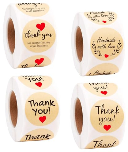 2000 Pièces Autocollants Merci, 4 Rouleaux x 500 Étiquettes Rondes Adhésives (2,5 cm), Papier Kraft Thank You Stickers Remerciement pour Mariage, Anniversaire, Emballage, Cadeaux et Enveloppes