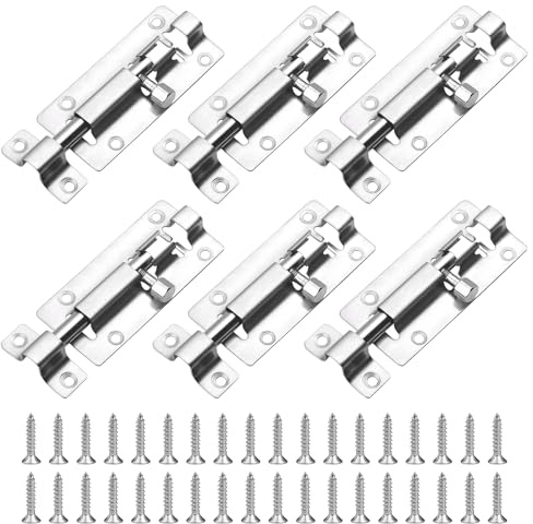 Chiavistello Scorrevole Inox, 6 Pezzi, Argento | Con Viti, Per Interni ed Esterni, Per Porta in Legno, Per Cancelli, Finestre, Recinzioni