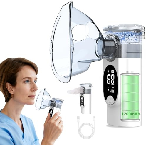 Inhalationsgerät, 1200mAh Akku Tragbarer Vernebler, Inhaliergeräte für Erwachsene, Kinder & Baby, LCD Display, USB-C Aufladbar Leise Inhalator, inkl 2 Masken und 1 Mundstück (weiß)