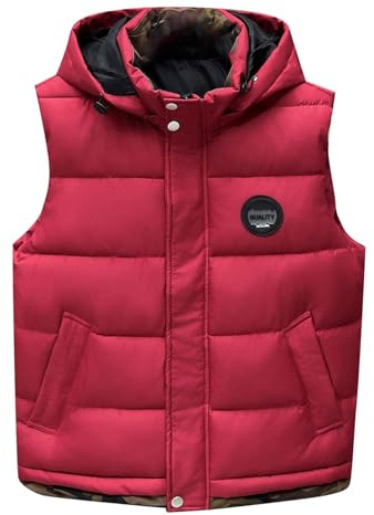 Foweknow Gilet trapuntato da uomo con cappuccio senza maniche gilet sportivo con cappuccio con cerniera e tasche calda imbottita giacca mezza stagione trapuntata in piumino, Colore: rosso, XXL