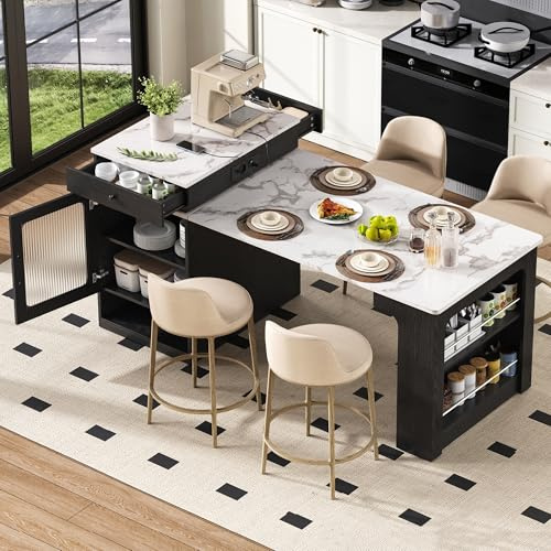 Gxffipw Bartisch Kücheninsel Höhe 92 cm mit Ausziehbarer Esstisch und Rollen, Küchenschrank Sideboard mit Stauraum, Buffetschrank Bistrotisch Barschrank für Küche und Esszimmer, Schwarz