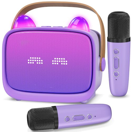 Máquina de karaoke para niños, altavoz Bluetooth portátil con luces LED y pantalla de emoji, máquina de karaoke con 2 micrófonos inalámbricos, divertido juguete de canto para el hogar, viajes y