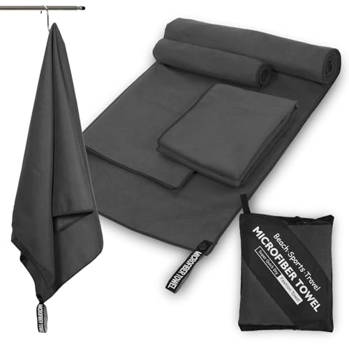 FDKene Juego de 3 Toallas de Microfibra de Secado Rápido, 1 Toalla Grande (180x60cm) y 2 Toallas Pequeñas (80x40cm), Ligeras y Suaves, Set de Toallas para Gimnasio Viaje Playa Piscina y Fitness