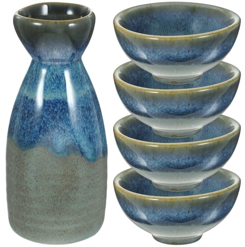 UTHCLO Set da Sakè Giapponese in Ceramica Tradizionale Bottiglia e 4 Tazze, Pentola per Liquori dal Collo Stretto, Resistente e Lavabile in Lavastoviglie, per Degustazioni e Regali