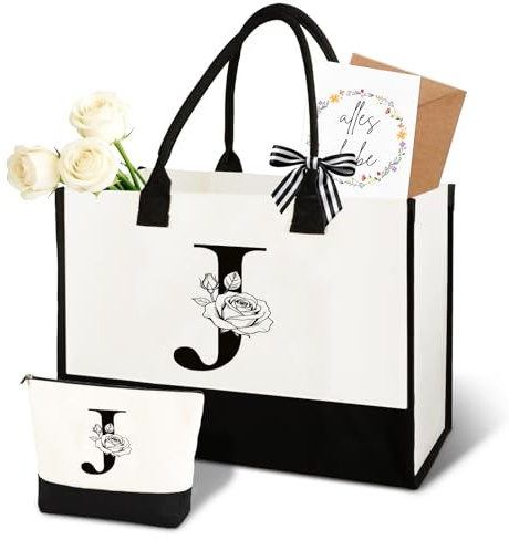 Anruzon Geschenke für Frauen – Personalisierte Initial A-Z Canvas Einkaufstasche & Kosmetiktasche, Grußkarte – Praktisches & Emotionales Geschenk für Mama, Freundin, Kollegin oder Schwester