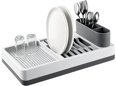 Geschirrabtropfgestell Kompakter Geschirrständer mit Besteckhalter, Abtropfgestell für Küche, BPA-frei, Modular & Platzsparend, Geschirrablage für Teller, Gläser, Besteck (42 x 26 x 12 cm) (Anthrazit)