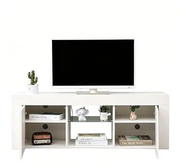 FUSIDE LED Lighted TV Stand Unit Modern TV Cabinet with 2 Doors & Glass Shelf Entertainment Unit for Living Room,130x35x35cm,White/White and Grey (White)
