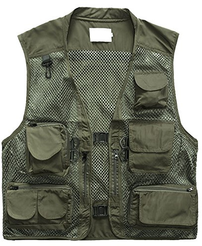 Phorecys Mens Outdoor Casual Hollow Out Thin Multi-pockets Stand Collor Hooded Outerwear Camping Hunting Fishing Photography Vests Gilet Green UK L-Label XL