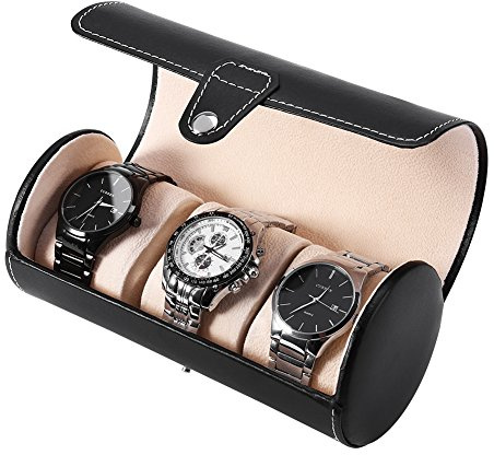 Duevin Boîte de Montre 3 grilles, boîte à Bijoux, boîte de Montre en Cuir, Support de Rouleau de Montre cylindrique, vitrine de Montre, boîte de Rangement pour Cadeau de Bijoux pour boîtier (Noir)