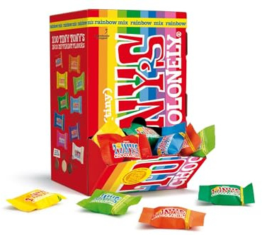TONY'S CHOCOLONELY – Tiny Tony’s Mix Geschenkbox - 100 Minis in 10 Sorten mit Vollmilch, Zartbitter & weißer Schokolade mit Mandel, Karamell uvm. Ohne Palmöl, fairtrade & hergestellt in Belgien