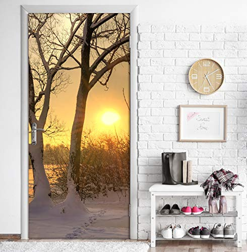 Vinilo Adhesivo Decorativo para Puertas. 83cm x 204cm. Amanecer De Invierno, Con Nieve En El Suelo