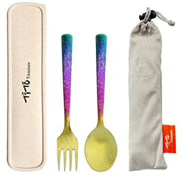 TiTo Titanium Titan Besteckset Set Camping Gabel Löffel Spork Ultraleichtes Tragbare Outdoor-Flatware mit Tragetasche für Picknick Wandern Heimgebrauch Reisebesteck(Colorful)