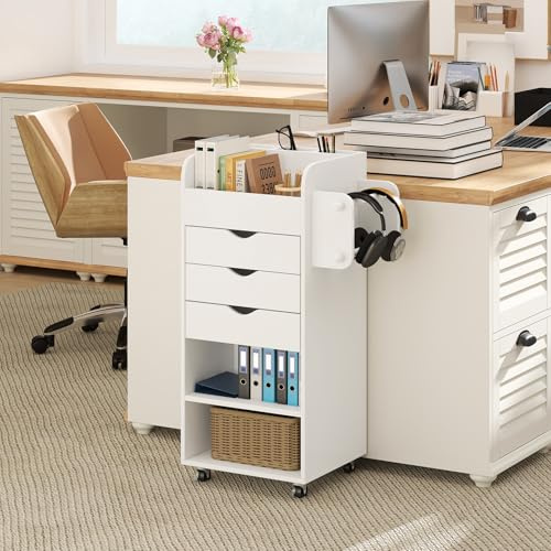GIANTEX Rollcontainer, Aktenschrank mit Rollen, 3 Schubladen & 2 Ablagen, Schubladenbox aus Holz, Schubladenschrank für Büro, Home-office & Wohnzimmer
