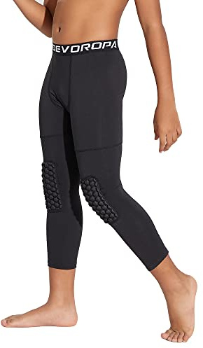DEVOROPA Youth Boys' Compression Pants with Knee Pads 3/4 Basketball Athletic Tights Quick Dry Sports Workout Leggings Black XL