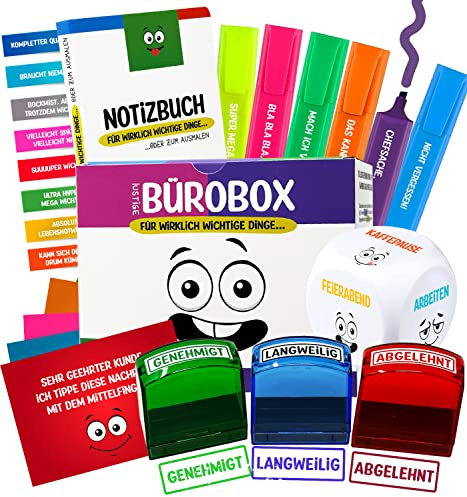 Lustige Büro Geschenk Box | Witzige Geschenkidee für Arbeitskollegen | 24-teilig | Textmarker, Anti-Stress Würfel, Notizblock, Stempel uvm.
