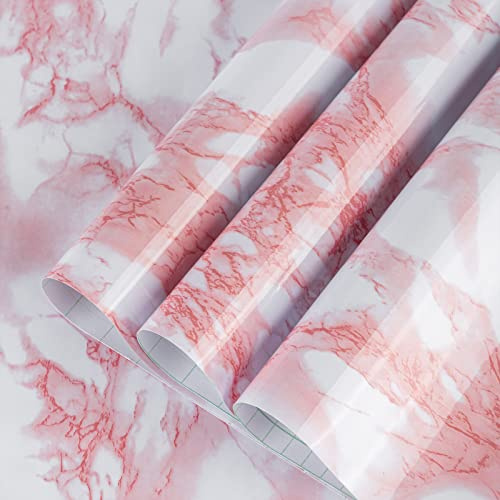 TOTIO Pink Marble Wallpaper Peel Stick Shiny Thicken Granite Countertop Contact Paper 16x354inch Waterproof Oil-Proof Self Adhesive Furniture Sticker Kitchen Bathroom Vinyl Decorative Film Removable