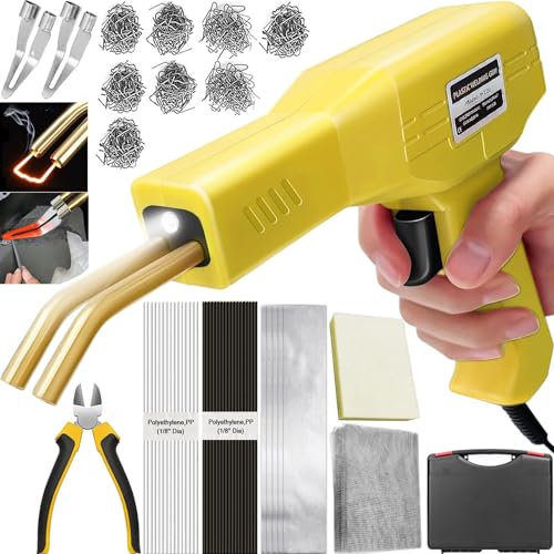 220W Saldatore per Plastica 2 in 1 Saldatrice Plastica, Pistola Saldatura Plastica con 800pcs 6 Tipo Graffette,40pcs Bacchette, 2Pcs Strumento di Levigatura,Kit Riparazione Paraurti Auto(giallo)