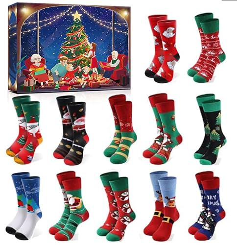 MJARTORIA 12 Paare Weihnachtssocken Adventskalender 2025 Frauen, Damen Lustige Socken Baumwolle, Santa Elch Weihnachtskalender mit 12 Überraschungen Christmas Socks Geschenkset
